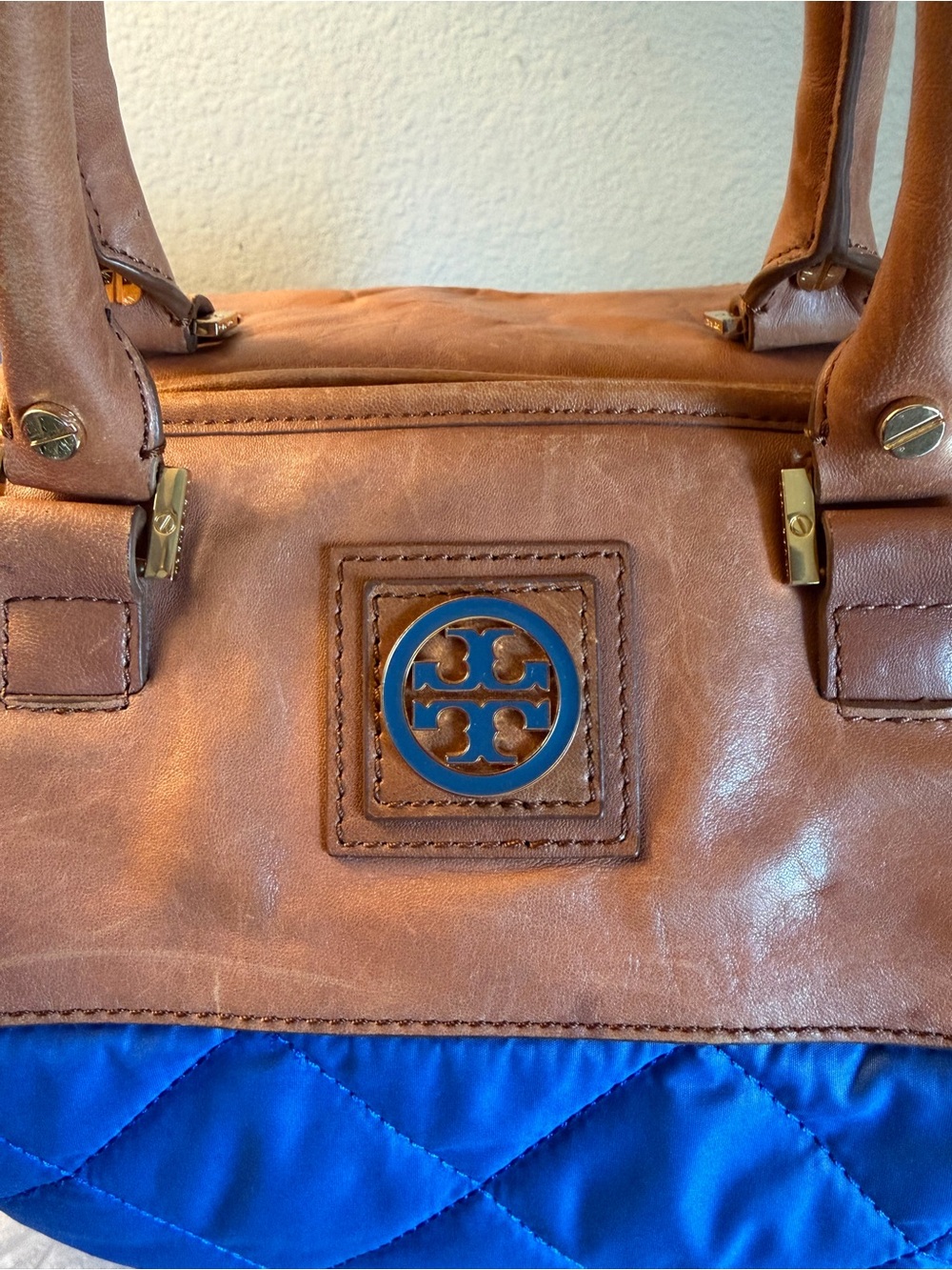 EUC Tory Burch Leather & Quilted Blue Tote. - Picture 2 of 12